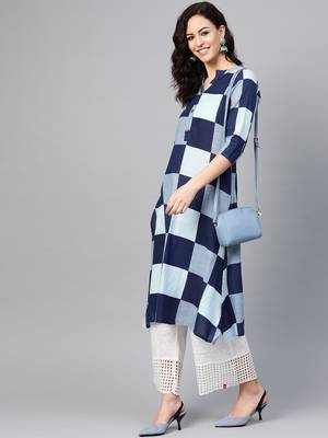 Women Blue Straight Cotton Print Mandarin Collar Long Kurta 4