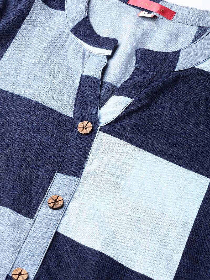 Women Blue Straight Cotton Print Mandarin Collar Long Kurta