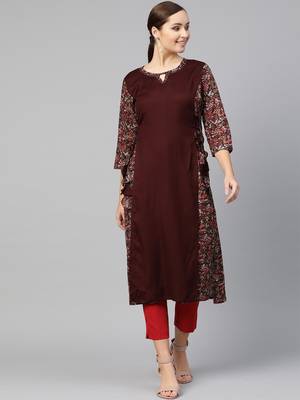Women Brown Layered Rayon Printed Round Neck Long Kurta 1