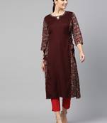 Women Brown Layered Rayon Printed Round Neck Long Kurta