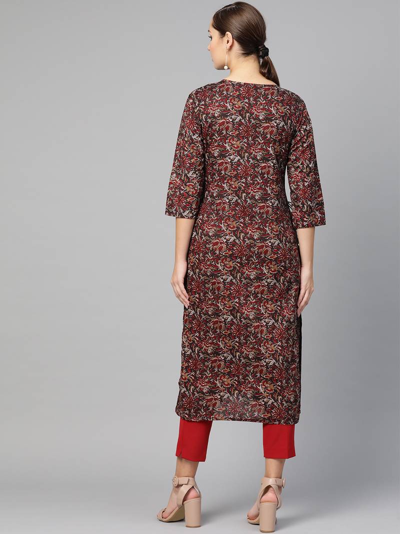 Women Brown Layered Rayon Printed Round Neck Long Kurta