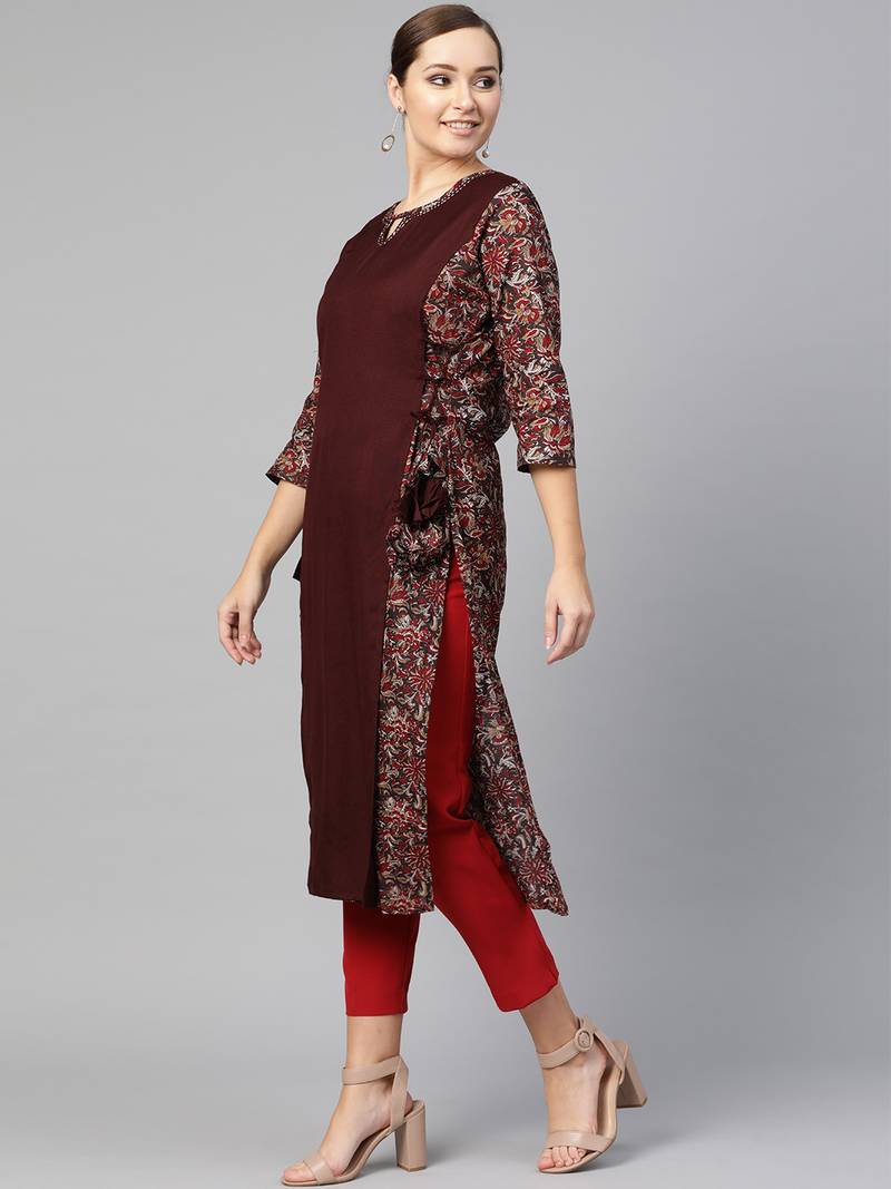 Women Brown Layered Rayon Printed Round Neck Long Kurta