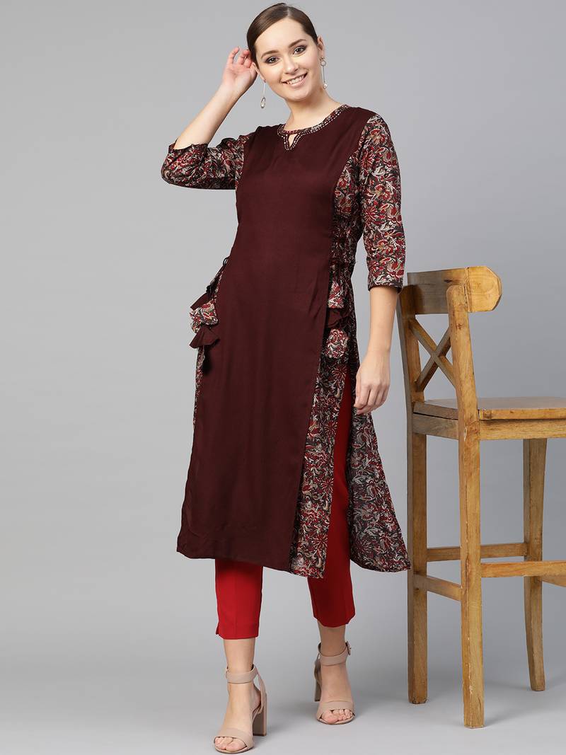 Women Brown Layered Rayon Printed Round Neck Long Kurta