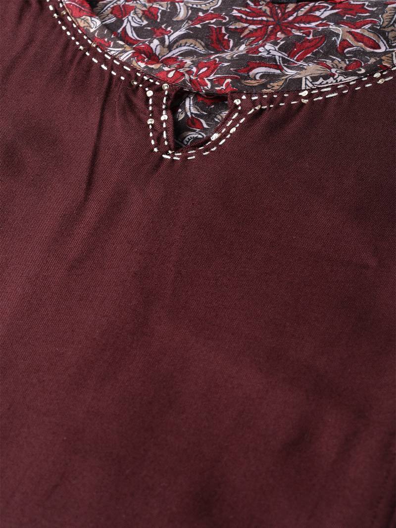 Women Brown Layered Rayon Printed Round Neck Long Kurta