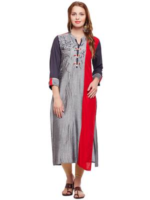 Women Grey & Red Straight Rayon Embroidered Mandarin Collar Long Kurta 1