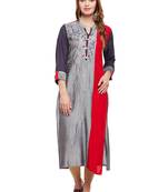 Women Grey & Red Straight Rayon Embroidered Mandarin Collar Long Kurta