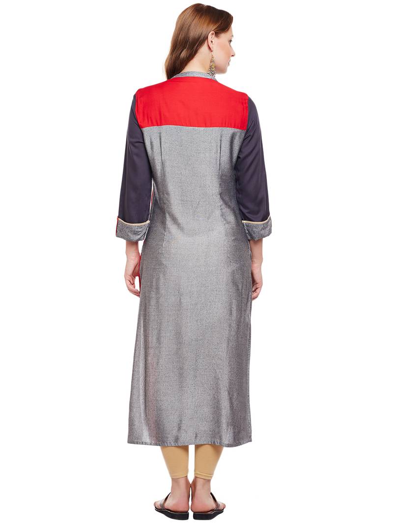 Women Grey & Red Straight Rayon Embroidered Mandarin Collar Long Kurta