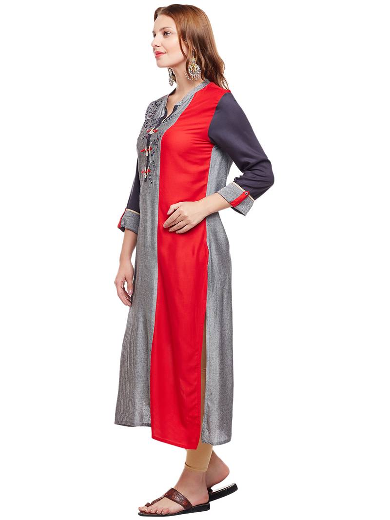 Women Grey & Red Straight Rayon Embroidered Mandarin Collar Long Kurta