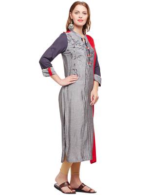 Women Grey & Red Straight Rayon Embroidered Mandarin Collar Long Kurta 4