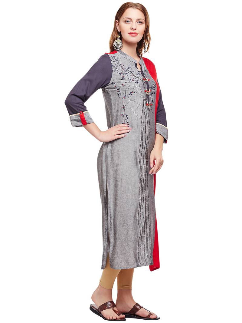 Women Grey & Red Straight Rayon Embroidered Mandarin Collar Long Kurta