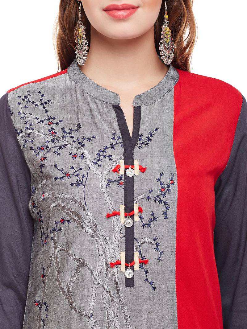 Women Grey & Red Straight Rayon Embroidered Mandarin Collar Long Kurta