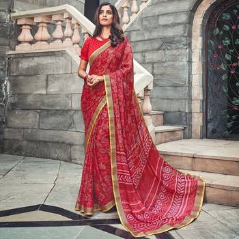 Red Printed crepe saree with blouse 1