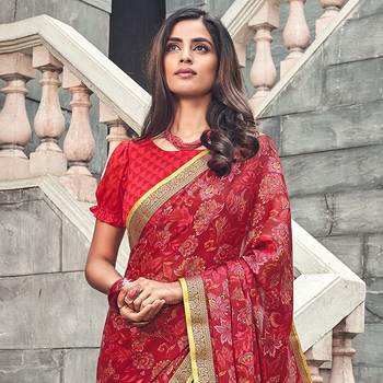 Red Printed crepe saree with blouse 2