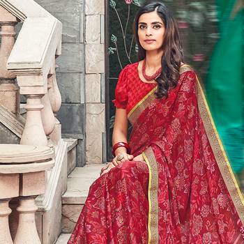 Red Printed crepe saree with blouse 4