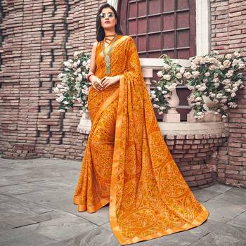 Mustard Printed crepe saree with blouse 1