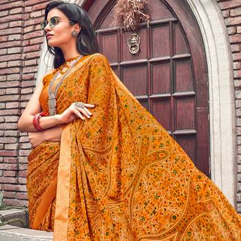 Mustard Printed crepe saree with blouse 4