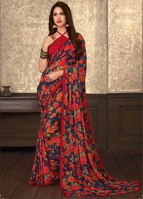  navy blue printed georgette saree with blouse 1