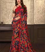  navy blue printed georgette saree with blouse