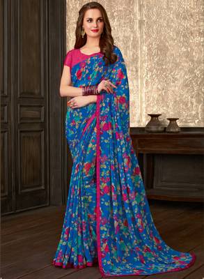  blue printed georgette saree with blouse 1