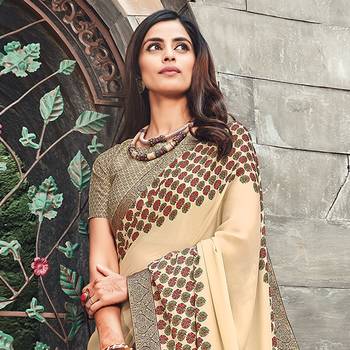 cream Printed crepe saree with blouse 2