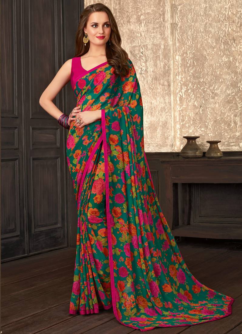 Women's Georgette Green Embellished Designer Saree With Blouse Piece