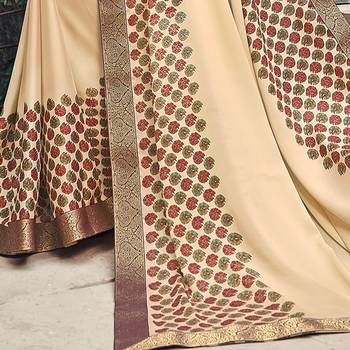 cream Printed crepe saree with blouse 3