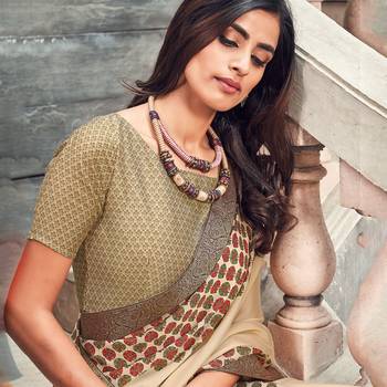cream Printed crepe saree with blouse 4