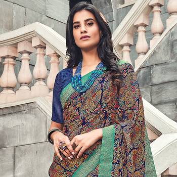 blue Printed crepe saree with blouse 1