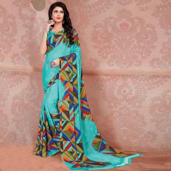 Blue Printed Georgette saree with blouse 1