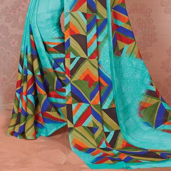 Blue Printed Georgette saree with blouse 3