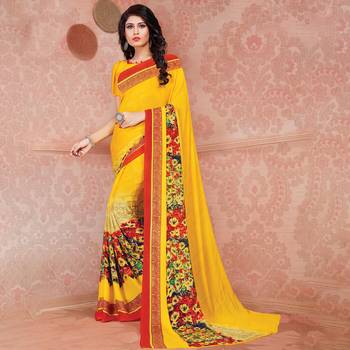 Yellow Printed Georgette saree with blouse 1