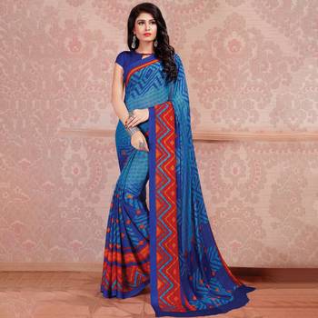 Blue Printed Georgette saree with blouse 1