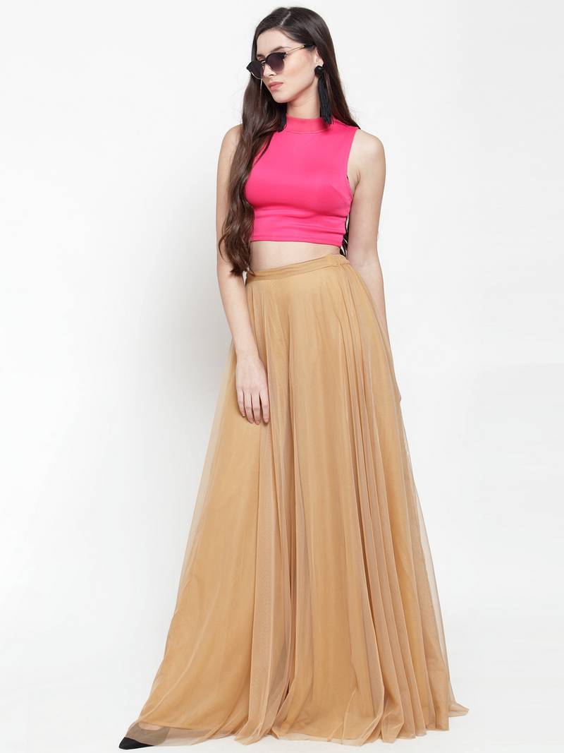 Beige plain Net palazzo pants