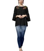 Black embroidered viscose rayon long-tops