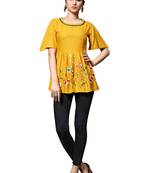 Yellow embroidered viscose rayon long-tops