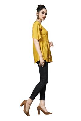 Yellow embroidered viscose rayon long-tops 4