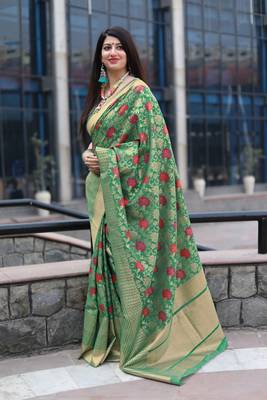 Green woven banarasi silk saree with blouse 3