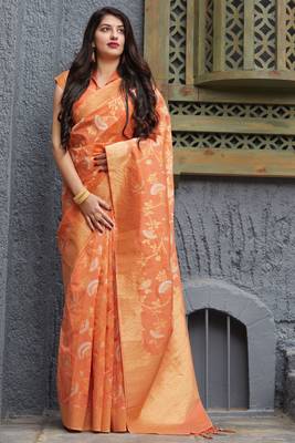 Orange woven banarasi silk saree with blouse 1