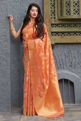 Orange woven banarasi silk saree with blouse 2