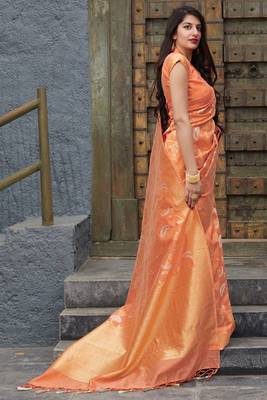 Orange woven banarasi silk saree with blouse 3