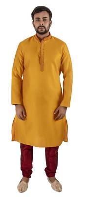 Yellow embroidered raw silk kurta-pajama 1