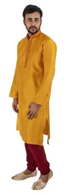 Yellow embroidered raw silk kurta-pajama 3