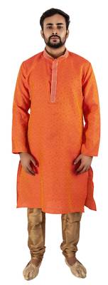Orange embroidered raw silk kurta-pajama 2
