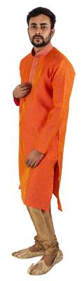 Orange embroidered raw silk kurta-pajama 4