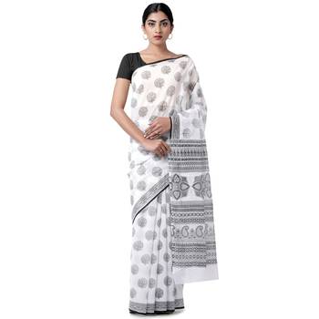 White printed blended cotton saree with blouse 1