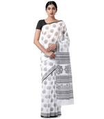 White printed blended cotton saree with blouse