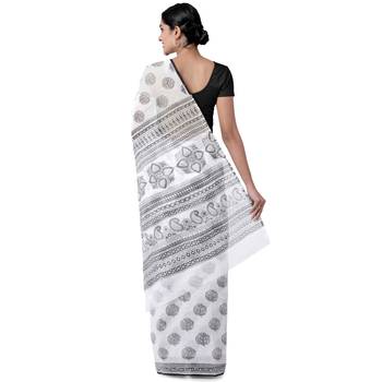 White printed blended cotton saree with blouse 2