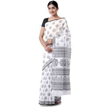 White printed blended cotton saree with blouse 3