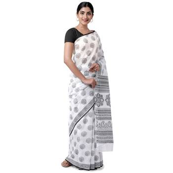 White printed blended cotton saree with blouse 4