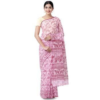 Pink printed blended cotton saree with blouse 1